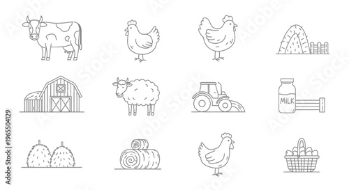 Set of Farm and Agricultural Line Icons Featuring Livestock, Barn, Tractor, and Fresh Produce