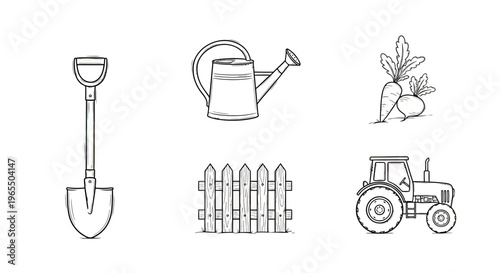 Set of hand-drawn garden and farm tool icons featuring a shovel, watering can, vegetables, wooden fence, and tractor in minimalist line art style.
