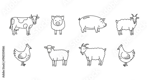 Set of Farm Animal Line Art Illustrations, Vector Outline Icons of Cow, Pig, Sheep, Goat and Chicken for Coloring Book and Educational Design