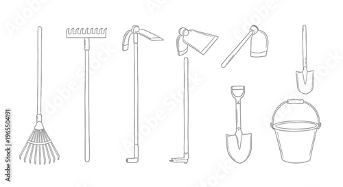 Collection of Hand-Drawn Garden Tool Icons including Rake, Shovel, Hoe, and Bucket in Line Art Style