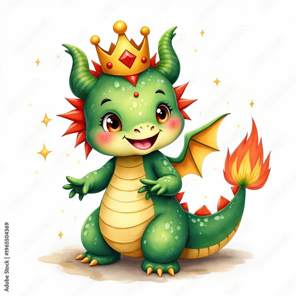 Obraz premium Cute green baby dragon wears golden crown. Whimsical cartoon creature smiles happily with its wings spread. Fantasy beast has flame tail. Joyful character is playful.