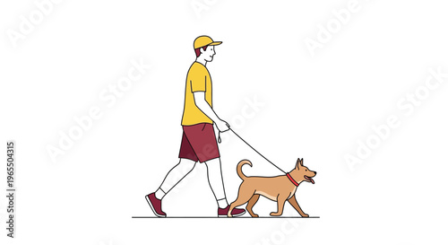 A man walks his dog on a leash in a minimalist illustration
