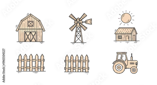 Set of Hand Drawn Farm Icons Featuring Barn, Windmill, Tractor, and Picket Fence in Rustic Doodle Style for Agriculture and Rural Concept Design