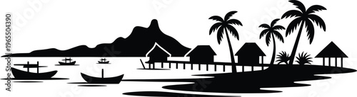 Tropical island resort with overwater bungalows and fishing boats in calm ocean