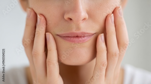 Woman touching healthy clear face skin enjoying dermatology