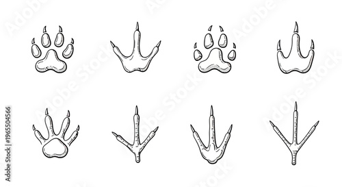 Collection of Animal Paw Prints and Bird Tracks, Hand-Drawn Vector Sketches of Wildlife Footprints Isolated on White Background