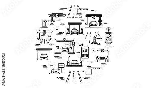 Minimal toll road outline icons in circular layout with payment systems barriers and highway symbols vector