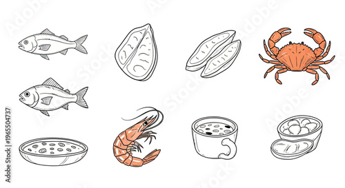 Hand drawn seafood vector illustration set featuring fish, crab, shrimp, and soup bowls for restaurant menu design