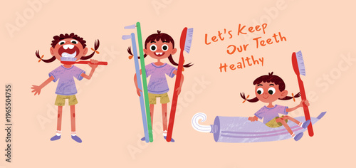 Dental care Children collection with happy Girl Brushing Teeth, giant Toothbrush and Toothpaste. Oral Hygiene Education, healthy daily Routine. Flat vector illustration