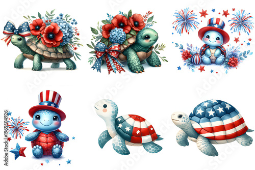 Watercolor 4th of July Turtle Clipart Collection