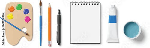 Artist's essential supplies include a palette, brushes, notebook,.