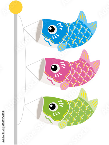 ポール付きの跳ねるかわいい鯉のぼりのイラスト（水色・ピンク・黄緑）