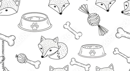 Seamless Pattern with Cute Fox, Pet Food Bowl, Bone, and Toy in Black and White Line Art for Coloring Book