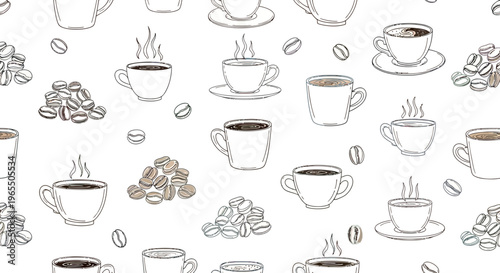 Seamless Pattern of Hand Drawn Coffee Cups and Roasted Coffee Beans on White Background, Sketched Line Art for Cafe Menu and Wrapping Paper Design