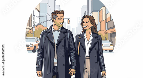 Couple holding hands, walking on a city street, smiling