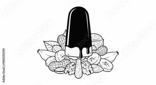 Dark chocolate popsicle surrounded by nuts and bananas