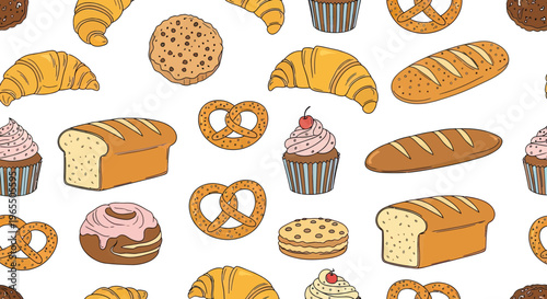 Hand Drawn Seamless Pattern with Bakery Products such as Bread Loaves, Croissants, Pretzels, Cupcakes, and Cookies
