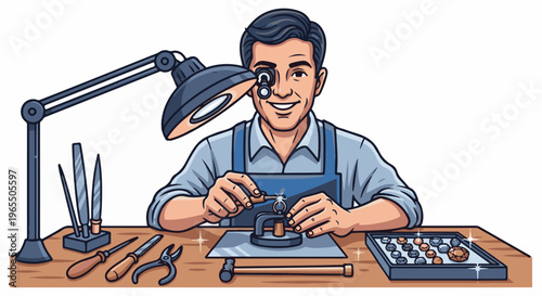 Craftsman at work, using tools and magnifier to create jewelry