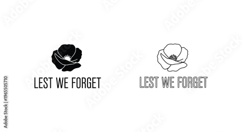 Remembrance poppy icons, Lest We Forget symbols, black and white vector graphics, memorial signs
