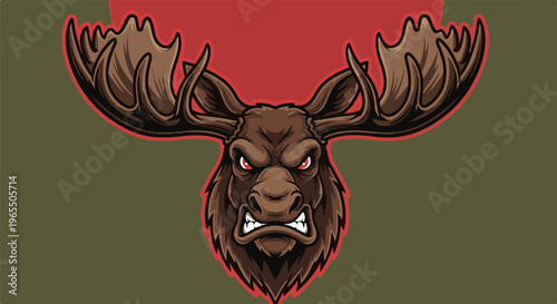 Fierce brown moose head with imposing antlers, red eyes, and bared teeth