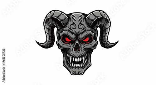 Fierce demon skull with menacing red eyes and large curved horns