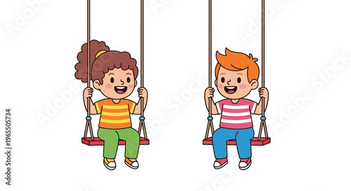 Two happy children swinging on a simple playground swing set