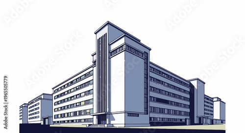 A drawing of a long, multi-story building with a central tower and many windows