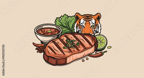 Grilled steak with dipping sauce, spices, lime, lettuce, and tiger face