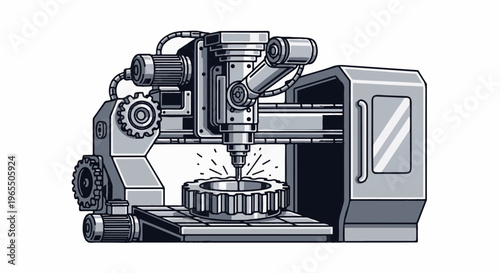 A robotic arm on a CNC machine precisely carves a gear on a factory floor