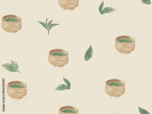 Watercolor Seamless Pattern of Traditional Matcha Tea Bowls and Green Leaves