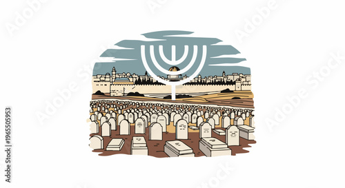 A sacred cemetery with gravestones and a city skyline under a menorah