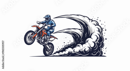 Motorcyclist performs a wheelie, kicking up a large cloud of dust