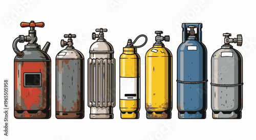 A collection of industrial gas cylinders of various sizes, colors, and conditions