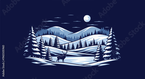 A solitary deer stands by a frozen lake under a full moon