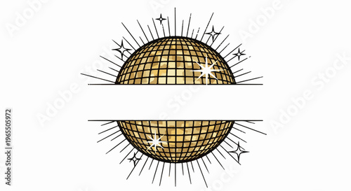 A split graphic featuring two golden disco balls surrounded by radiating lines and stars
