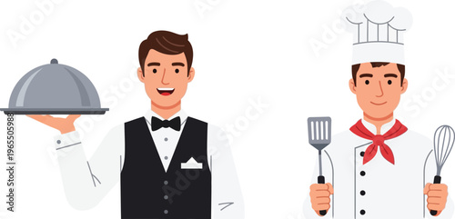 Smiling waiter holds silver cloche while chef displays cooking utensils.