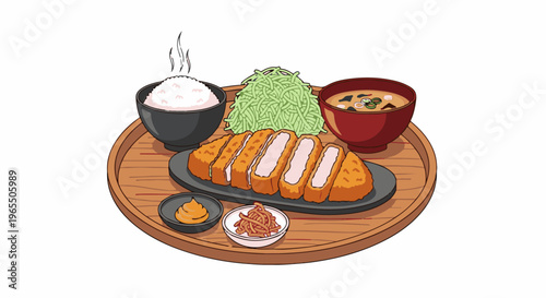 A steaming hot meal of fried pork cutlet, rice, soup, and pickled vegetables