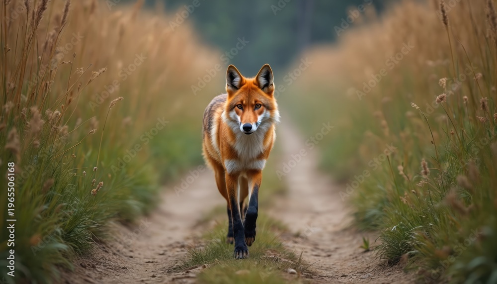 Fototapeta premium Maned wolf walks on dirt path through field of tall dry grass, green reeds. Wild canine looks directly at camera, orange fur vibrant against muted natural backdrop. Paws dark, large ears, intelligent