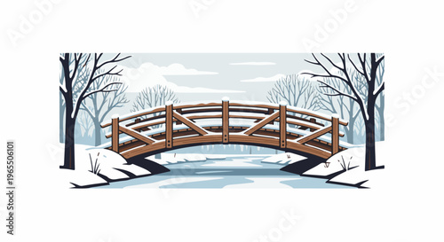 A pixelated wooden bridge spans a frozen river in a snowy, bare-treed winter landscape