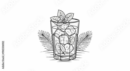 A refreshing iced beverage garnished with mint and surrounded by foliage