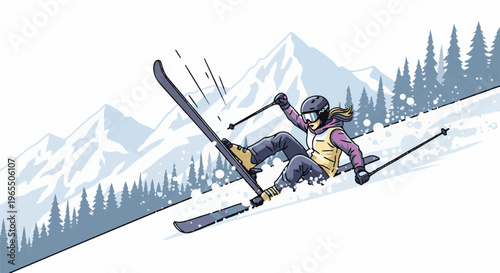 Woman skiing down a snowy mountain slope amidst pine trees