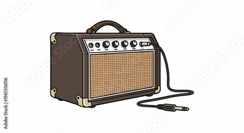 A vintage-style guitar amplifier with a brown cabinet and speaker