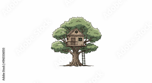 A rustic treehouse with a wooden ladder ascends a large, leafy tree