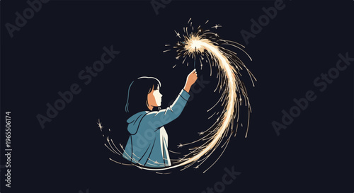 Person with sparkler creating a glowing arc against a dark backdrop