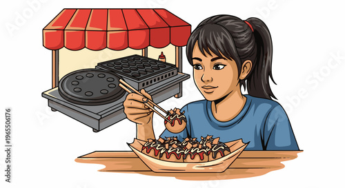 Woman enjoying street food, takoyaki, from a food stall
