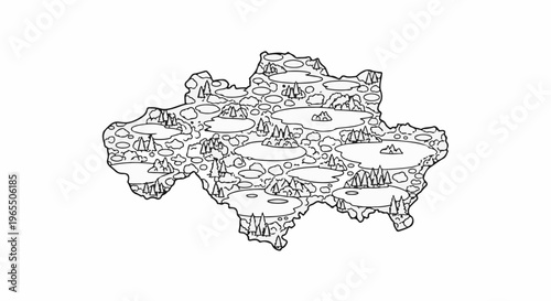 Whimsical outline map depicting islands, lakes, trees, and mountains
