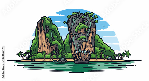 Tropical island with jagged cliffs, palm trees, and turquoise water