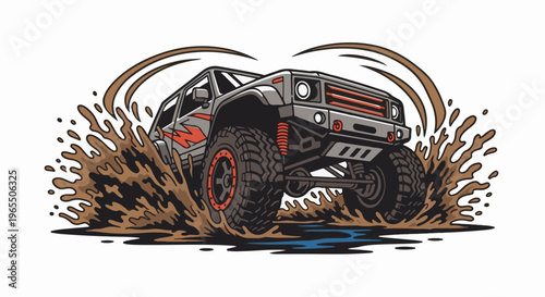 Aggressive off-road vehicle splashing through thick mud and water