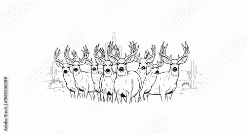 A herd of deer with large antlers stands in a desert landscape