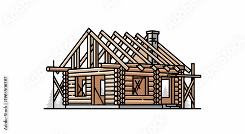 A hand-drawn illustration of a rustic log cabin under construction